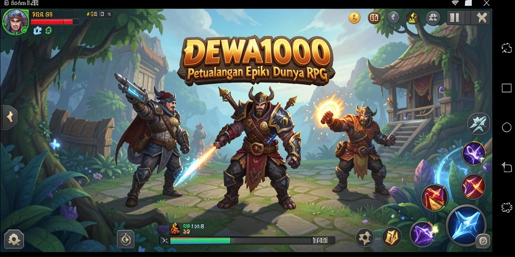 Screenshot DEWA1000 menunjukkan aksi bertempur yang mendebarkan dalam dunia RPG.