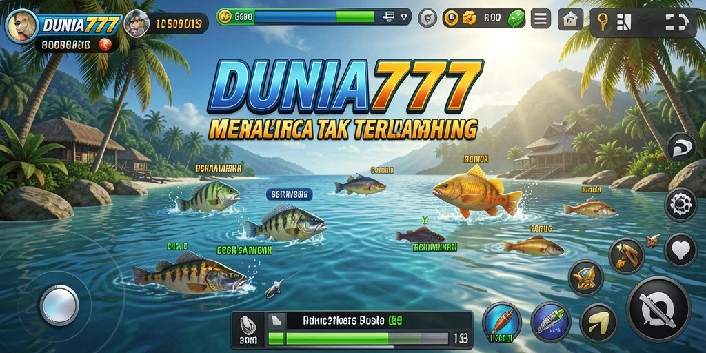 Screenshot gameplay DUNIA777 menampilkan aksi memancing yang seru.