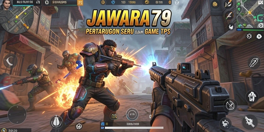 Tangkapan layar menunjukkan aksi gameplay seru JAWARA79 dalam pertempuran TPS.