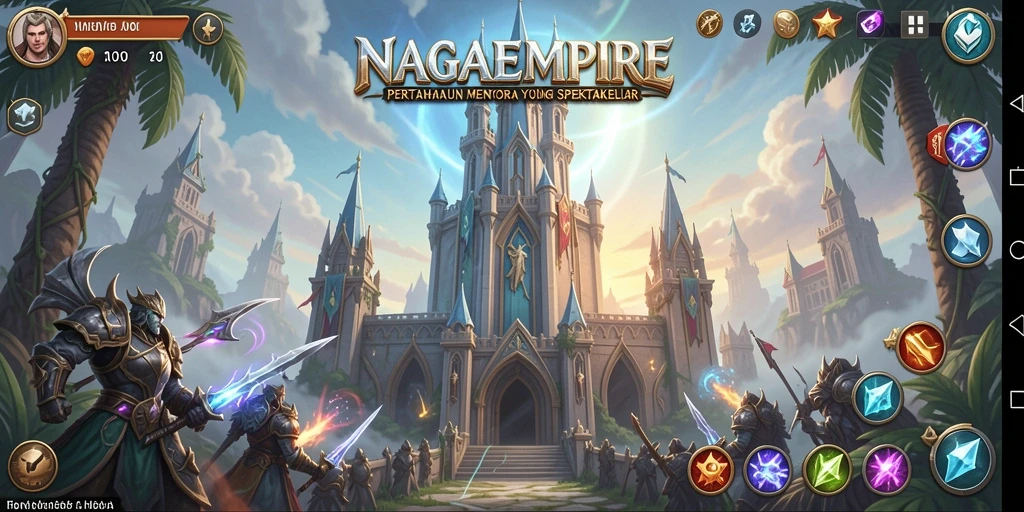Screenshot NAGAEMPIRE menampilkan aksi menara menghadang gelombang musuh.