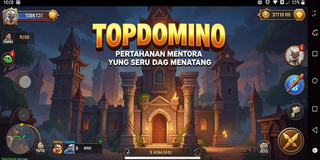 Screenshot gameplay dari TOPDOMINO dengan menara pertahanan yang strategis.